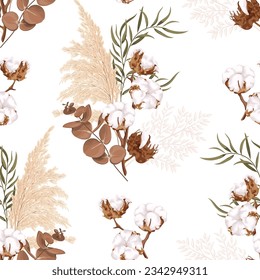 Boho, bohemian seamless floral pattern. Bouquet with cotton flowers, eucalyptus, reed and dry plants. Wedding floristry. Stock vector illustration on a white background.