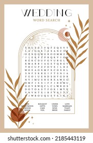 Boho (bohemian style) wedding word search puzzle. Bridal shower crossword, trivia, activity card. Engagement, bachelorette party printable. Words can be found vertical, horizontal and diagonal.