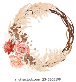 Boho, guirnalda bohemia con flores de rosa, eucalipto, cañas, plantas secas. Floristería de bodas. Marco para invitación, tarjeta de saludo, banner, etc. Ilustración vectorial de material sobre fondo blanco.