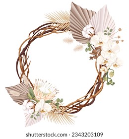 Boho, guirnalda bohemia con orquídea de falaenopsis blanca, flores de protea y algodón, hojas de palma y eucalipto, plantas secas. Floristería de bodas. Marco para invitación, tarjeta de saludo, cartel. Vector.