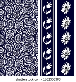 Boho borders set. Vertical ornaments with paisleys, skulls and floral elements. Retro textile collection. White on dark blue background.