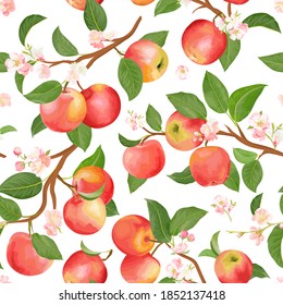 Boho botanical apple seamless pattern. Vector autumn fruits, flowers, leaves texture. Summer floral background, nature wallpaper, watercolor backdrop fashion textile, fall wrapping paper