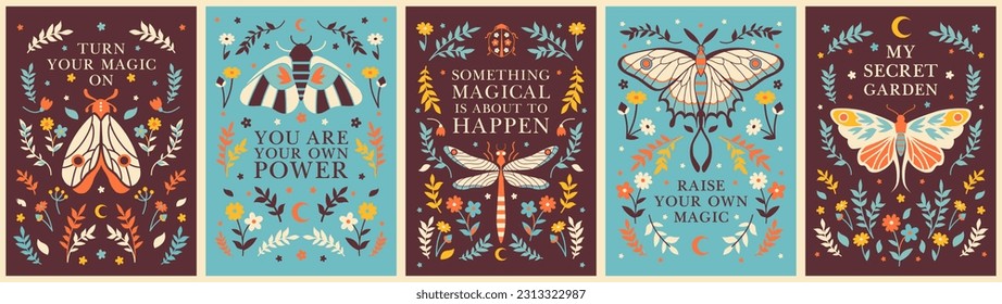 Boho botanical posters with mystery insects and positive affirmations. Witchcraft posters with inspirational slogans. Framed compositions with quotes, herbs, flowers, moth, butterflies