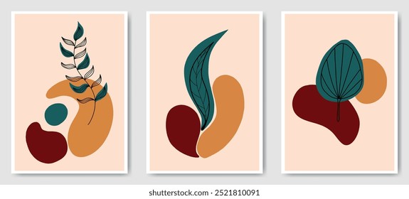 Boho Plantilla botánica para publicidad, portada de libro, planificador, catálogo. Conjunto de pósters abstractos de otoño de estilo de arte moderno de moda, tarjeta. Arte de pared tropical con hojas, plantas, Formas de doodle lugar para el texto