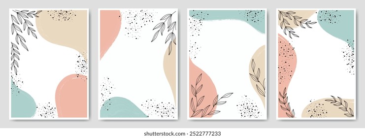 Boho modelo botânico pintado fundo. Meados do século arte moderna decoração caseira elegante. Arte de parede tropical minimalista com folhas, plantas, rabiscar formas orgânicas lugar para texto, publicidade, capa de livro