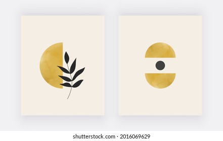 Boho botanical wall art prints with yellow moon. Vector geometric backgrounds