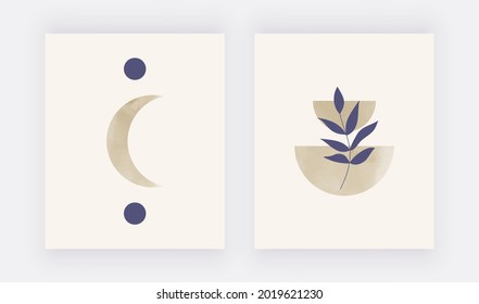 Huellas de arte botánico de Boho con luna beige. Fondo geométrico vectorial