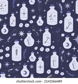 Boho bottle seamless pattern with tubes and feather. Vector illustrations