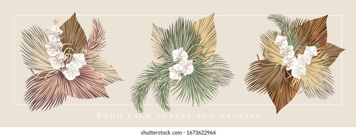 Hojas de palma secas de ramo boho ilustran flores de orquídea. Composición vectorial floral de la jungla tropical.