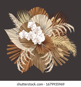 Boho bouquet dried palm leaves orchid flower illustration. Tropical jungle floral vector composition.
