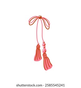 Boho bow of cord or rope with tassels on the ends and beads. Groovy decorative element. Colorful pretty charming bow knot macrame. Vintage hand drawn illustration. 1970 inspiration