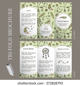 Boho brochure template with hand drawn elements - moon, dreamcatcher and feathers