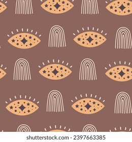Boho brown seamless pattern with rainbow. Cozy hand drawn endless background with magical sacred eye. Doodle style repeat vector illustration with lines and stars.