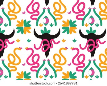 Boho Bull Skull and Snake Seamless background Pattern design