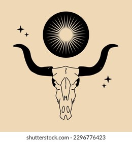 Boho bull skull, stars, Digital sticker, wild west cartoon doodles, tribal bohemian vintage retro style decor. Unique vector design. Mexico dangerous desert concept, country music