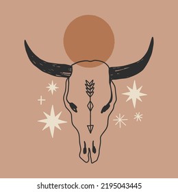 Boho bull skull, stars and sunset. Digital sticker, wild west cartoon doodles, tribal bohemian vintage retro style decor. Unique vector design. Mexico dangerous desert concept, country music