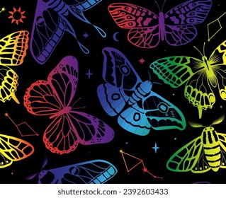 Boho butterflies seamless pattern. Repeating design element for printing on fabric. Bright insects with wings. Anatomy and zoology. Graphic element for website. Cartoon flat vector illustration