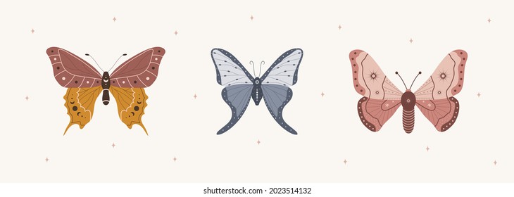 Boho butterfly collection. Set of insects with celestial elements. Alchemy esoteric symbols. Abstract hand drawn moths. Vector illustration in bohemian style.
