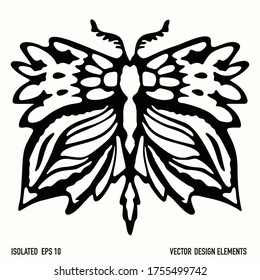 Boho butterfly design element clipart. Isolated decorative hand drawn flower doodle icon. Monochrome tattoo lace style black and white line art.