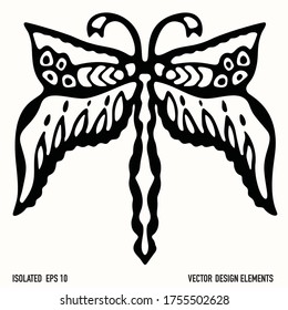 Boho butterfly design element clipart. Isolated decorative hand drawn flower doodle icon. Monochrome tattoo lace style black and white line art.
