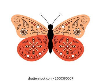Boho butterfly with floral ornament. Whimsical insect isolated vector illustration. Colorful butterfly with abstract outline botanical decor on wings. Hand drawn doodle elements flowers, leaves