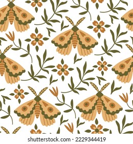 Boho butterfly floral seamless pattern. Elegant aesthetics summer background with yellow and green colors, flower blossoms, twigs. Abstract organic repeat vector illustration