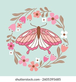 Boho butterfly in floral wreath. Hand drawn vector butterfly with tiny flowers. Perfect for tee shirt logo, greeting card, poster, invitation or print design. EPS10 vector file.
