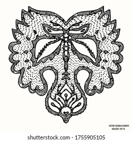 
Clíparte del diseño de la tinta de mariposa Boho. Icono de doodle de flores dibujado a mano aislado. Tatuaje monocromo de encaje estilo bordado de línea blanca y negra.