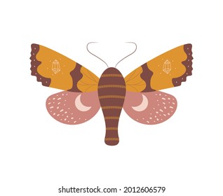 Boho butterfly. Insect with celestial elements. Witch and magic symbol. Abstract hand drawn moth. Vector illustration in bohemian style.