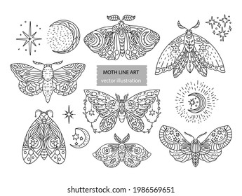 Boho butterfly line vector set. Beautiful moth vector magic ornament, celestial element illustration.