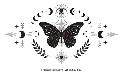Boho Butterfly with Moon Phases and Celestial Elements Vector Illustration Art