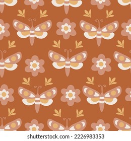 Boho butterfly retro seamless pattern. Elegant floral vintage background with flower, moth, leaf. Cute bohemian backdrop for greeting card, poster, textile with pretty soft colors 