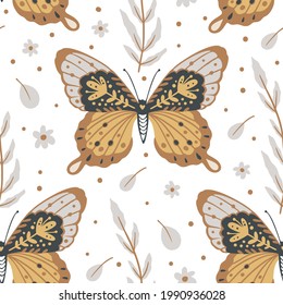 Boho butterfly seamless pattern on a white background. Summer moth wallpaper illustration. Retro vintage fashion hand drawn nature ornament.