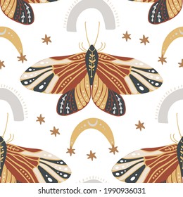Boho butterfly seamless pattern on a white background. Summer moth wallpaper illustration. Retro vintage fashion hand drawn nature ornament.