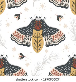 Boho butterfly seamless pattern on a white background. Summer moth wallpaper illustration. Retro vintage fashion hand drawn nature ornament.