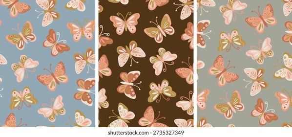 Boho Butterfly Conjunto de padrões sem costura com cores terrosas para impressão têxtil Papel de parede Fundo Papel de embrulho Scrapbook