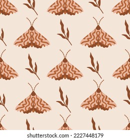 Boho butterfly seamless pattern. Vintage seamless background with boho moth. Retro repeat vector illustration with leaves, twig, branch