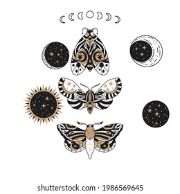 Boho butterfly, sun and moon vector set. Beautiful moth vector magic ornament, celestial element illustration.