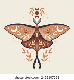 Boho butterfly vector illustration. Natural tones. Esoteric alchemy symbol. Design for poster, card, t shirt print, tattoo.