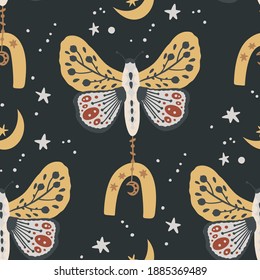 Boho butterfly vector pattern. Moth seamless bohemian background. Celestial art with moon and star.