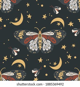 Patrón vectorial de la mariposa boho. Un fondo bohemio sin fisuras. Arte celestial con luna y estrella.