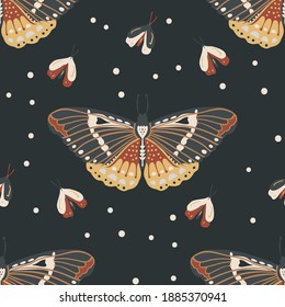 Boho butterfly vector pattern. Moth seamless bohemian background. Hand drawn vintage nature drawing.