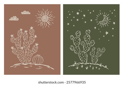 Boho cactus design. Desert contour illustration. Line landscape with sun, moon, cactus and succulents. Hand drawn. Vector illustration