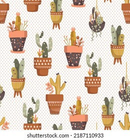 Boho Cactus Potted Plants Vector Seamless Pattern