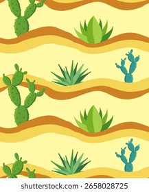 boho cactus seamless vector pattern with desert plants agave prickly pear and sandy hills ideal for textile wallpaper fabric design