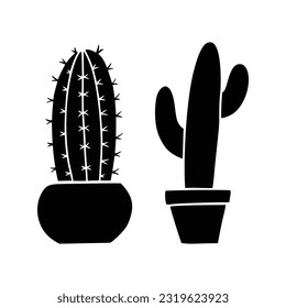 Boho Cactus Silhouette. Hand Drawn Cactus in Linocut Style. Western Design Icon Vector Illustration Isolated on White Background. Bohemian Clipart for Logo, Poster, T Shirt Print.