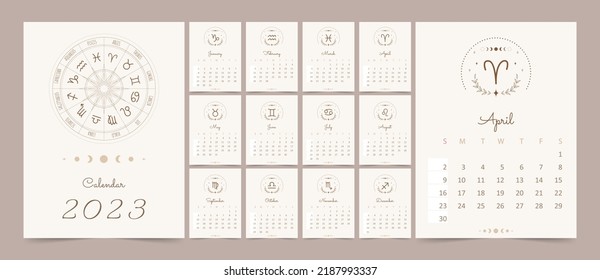 Boho calendar 2023 with zodiac signs. Week starting on sunday. Astrological vector template ready to print. Horoscope wall picture design. Set of 12 month.