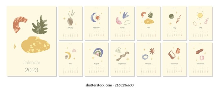 Plantilla del calendario Boho para 2023. Diversas formas en un estilo abstracto de textura de fondo moderno. Plantilla de página de ilustración editable A4, A3, conjunto de 12 meses con portada. Vector. La semana empieza el lunes