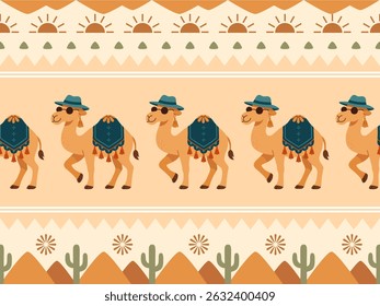 Boho Camel Desert Border Pattern - Cenas de desenhos animados bonitos com chapéu e cacto em estilo tribal