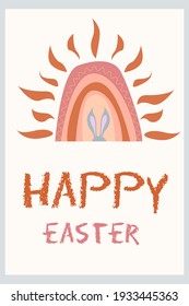 Boho Cartoon Easter Concept Design, Bunny, Eggs, Flowers Rainbow in Pastel Trendy Color. Flat vector illustration for holiday card, invitation, banners, posters, stickers.